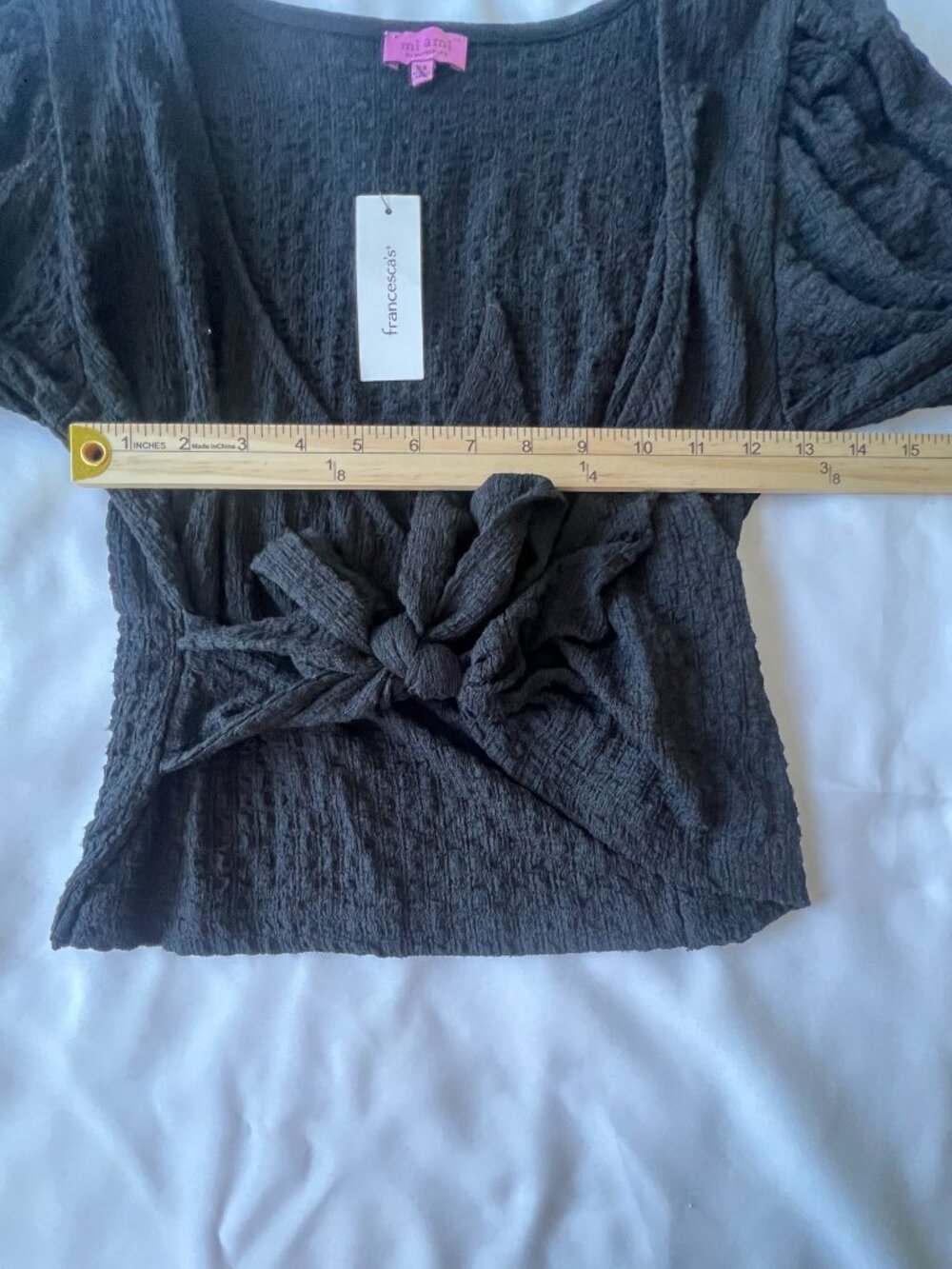 Boho Peasant Francesca's Mi Ami Black Top Size XS 3/4 Sleeve Front Tie NWT - Picture 10 of 15